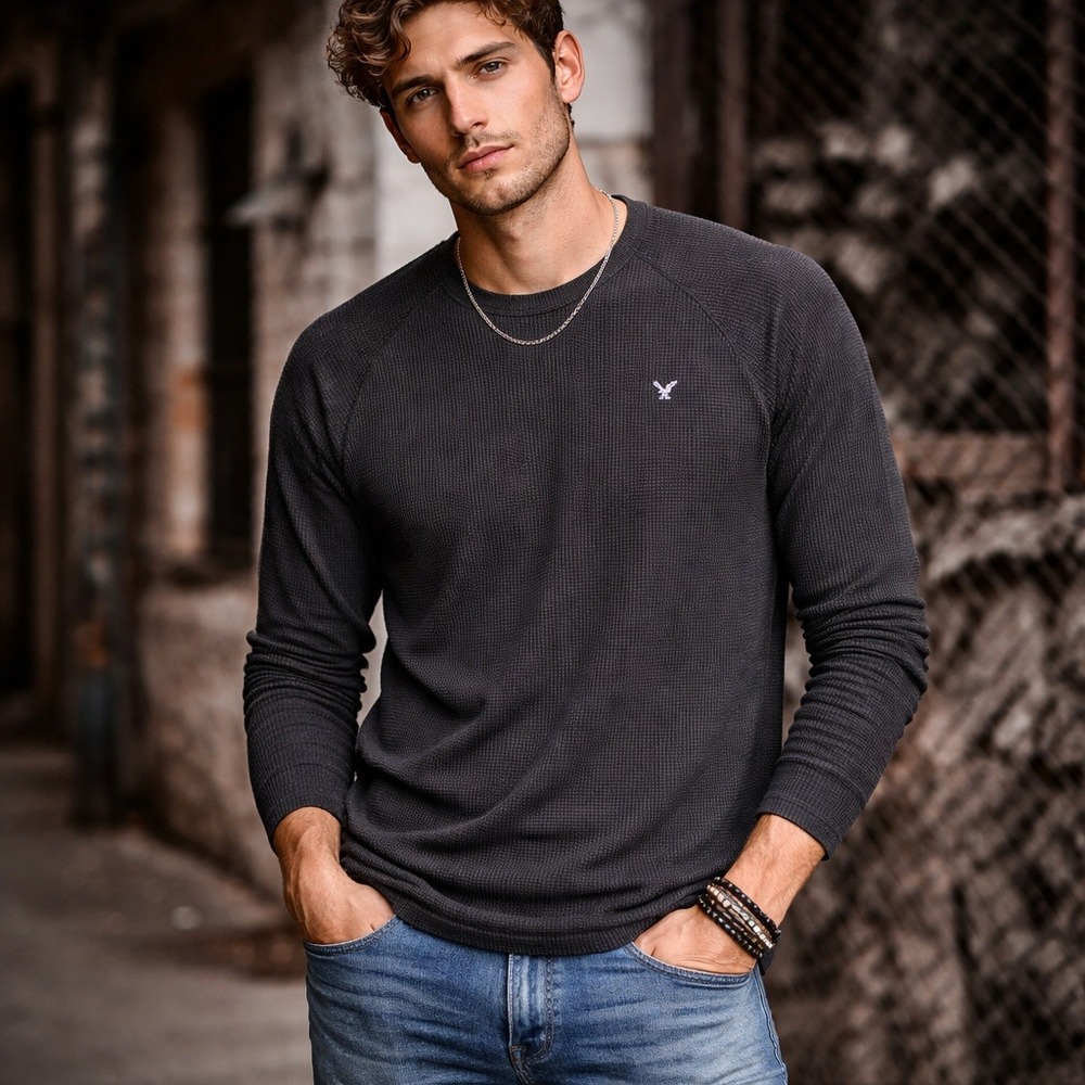 American Eagle Thermal Shirt Mens Small Gray Waffle Knit Long Sleeve Base Layer